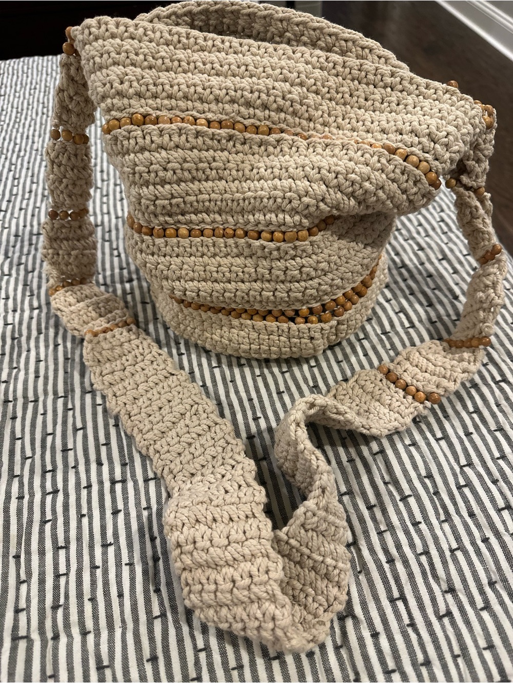 Free People Cream Crochet Shoulder Bag with Wood Bead Trim